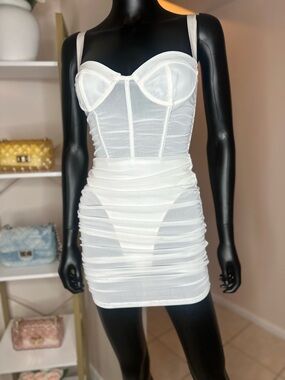 White Mesh Corset Bodycon Mini Dress • Size XS • Sheer • Party / Night Out